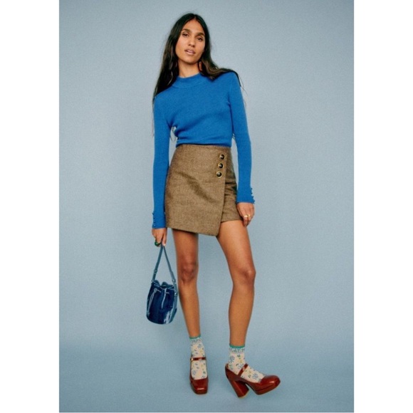 SEZANE Taupe Brown Wool Faux Wrap Mini Skirt Neutral Button Peter Skirt Sz 4 - Picture 8 of 12